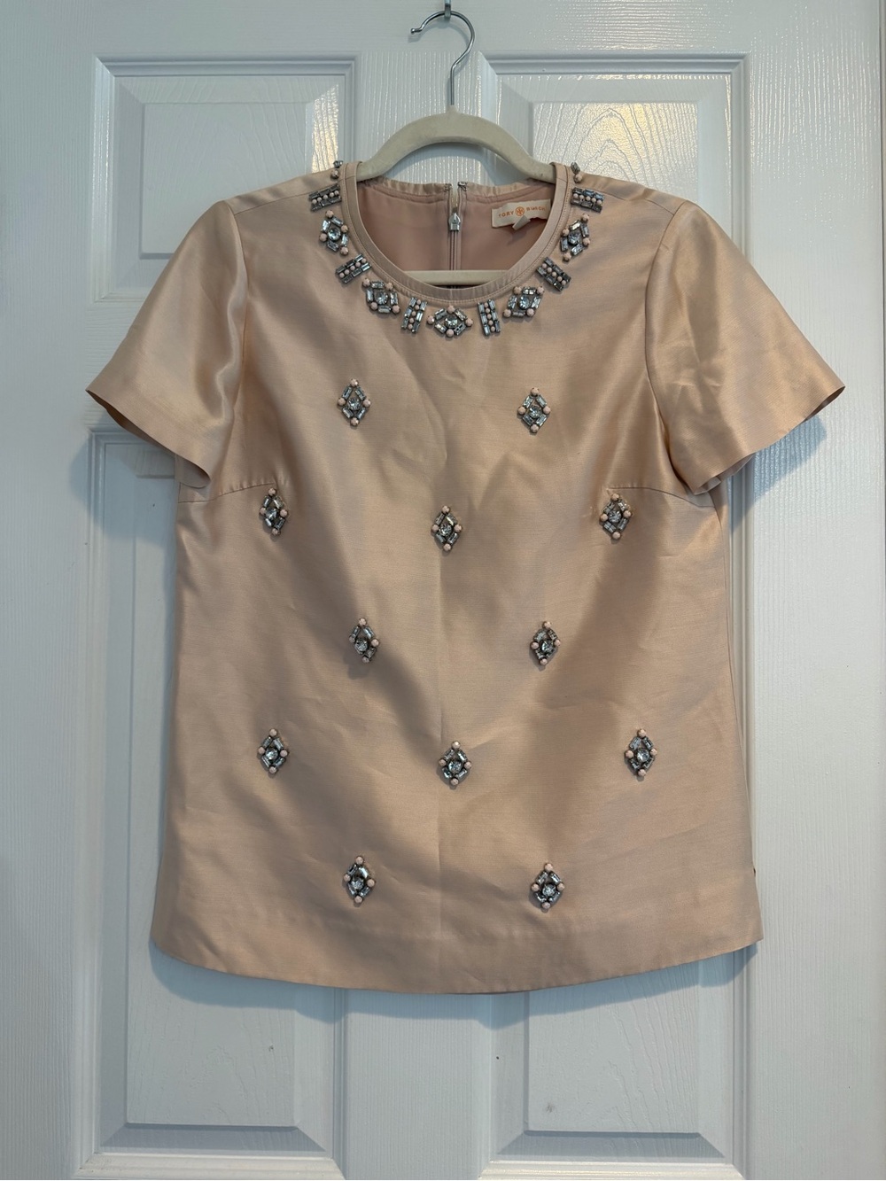 Tory Burch Blush Jeweled Satin Short-Sleeve Top